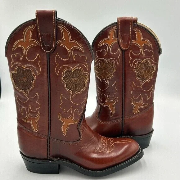 Vintage Texas Boot Co. 10.5D Leather Cowboy Boots Girls‎ Floral 1940s New w/ Box